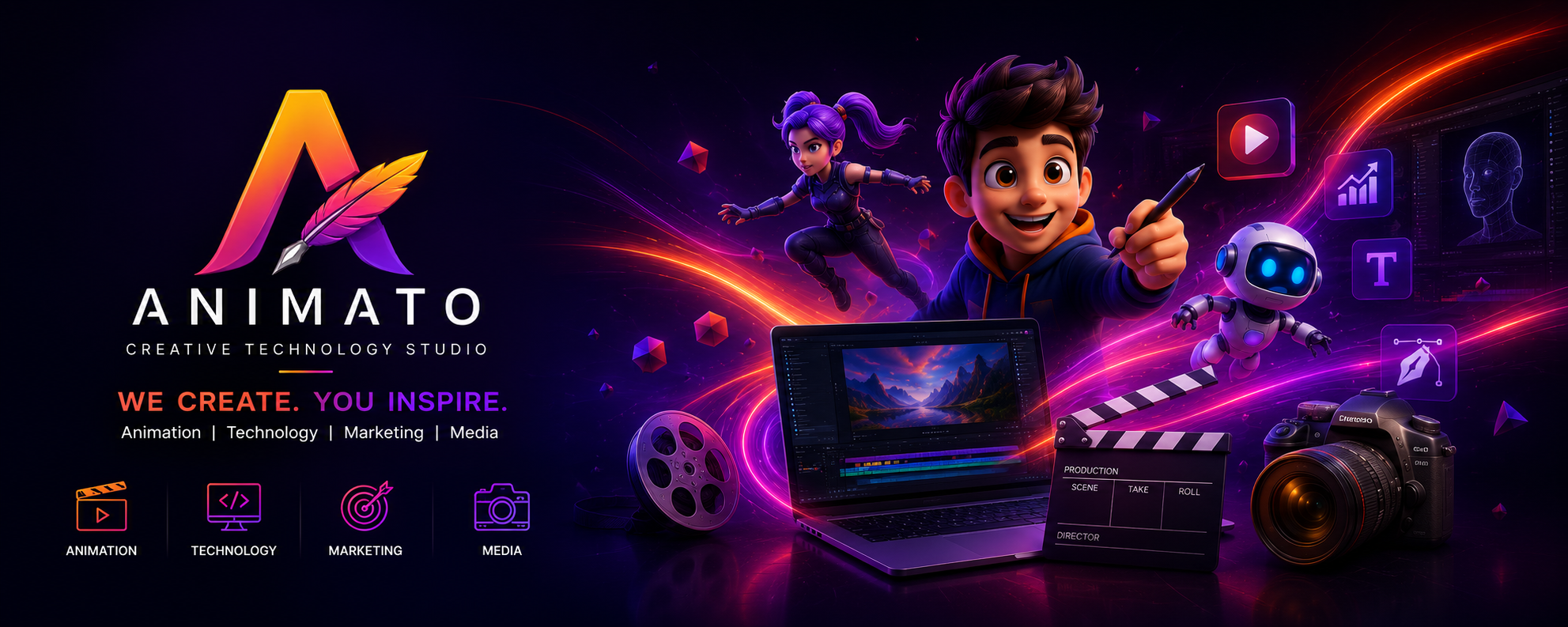 Wide Animato studio banner with animated characters, digital production equipment and creative tools